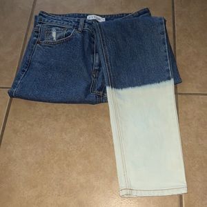 blue and white denim mom jeans